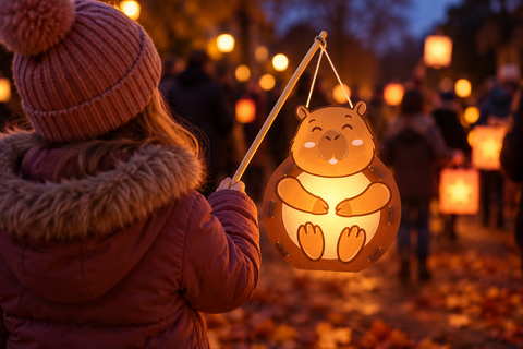 Kind hält eine leuchtende Biber Laterne am Laternenstab beim abendlichen Laternenumzug im Herbst