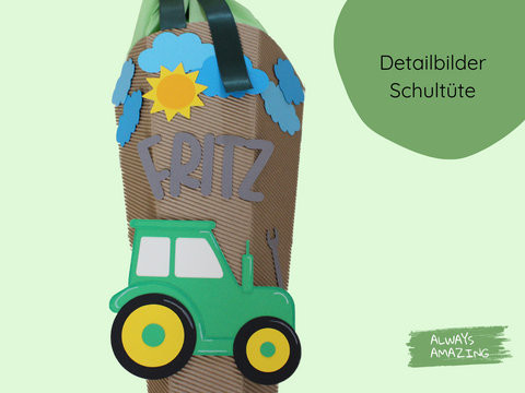 Detailansicht des Traktor-Motivs auf der Schultuete | Always Amazing Bastelshop