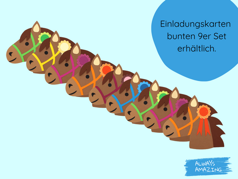 Fertige bunte Pferde Einladungskarten für Kindergeburtstag und Party | Always Amazing Bastelshop
