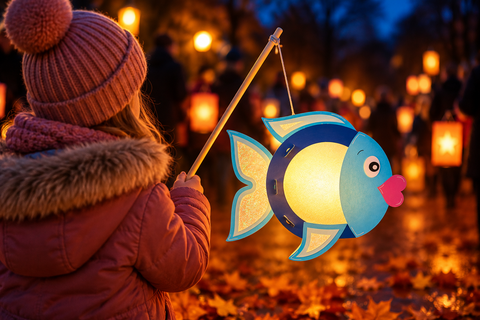 Blaue Fisch Laterne aus Papier mit glitzernden Flossen und pinkem Mund als kreative Bastelidee für Kinder zum Laternenumzug