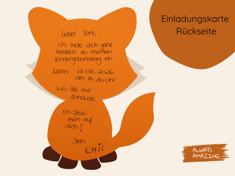 Fuchs-Einladungskarte aus Papier – Rückseite | Always Amazing Bastelshop