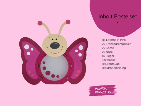 Inhalt des Schmetterling-Laternen Bastelsets mit Bastelvorlagen, Transparentpapier und Zubehör | Always Amazing Bastelshop