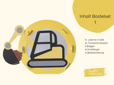 Liebevoll gestaltete Bagger Laterne aus Papier als Bastelidee für Kindergarten und Grundschule | Always Amazing Bastelshop