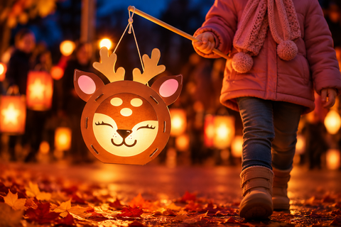 Selbstgebastelte Reh Laterne aus Papier mit braunem Gesicht, rosa Ohren und Geweih als kreative Laterne für den St Martin Laternenlauf