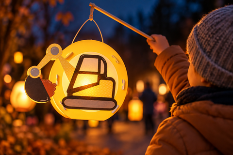 Bagger-Laterne aus Papier leuchtet bei Nacht mit warmem Licht, während ein Kind sie am Laternenstab beim Laternenumzug trägt.