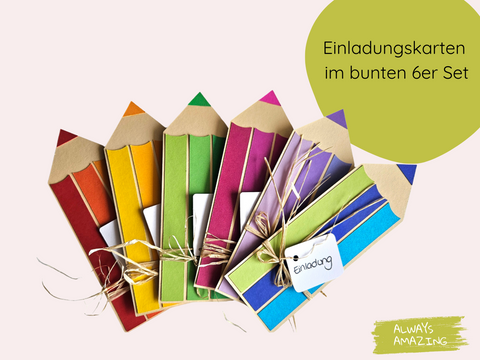 Bunte Einladungskarten zur Einschulung in Stift Design | Always Amazing Bastelshop