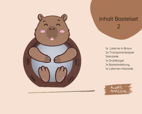 Capybara Laterne Bastelset 2 mit Holzstab, Drahtbügel und Anleitung