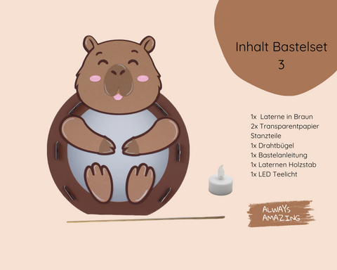 Capybara Laterne Bastelset 3 mit LED-Teelicht, Holzstab und Drahtbügel