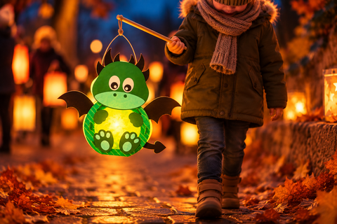 Leuchtende grüne Drachen-Laterne aus Papier, die ein Kind beim herbstlichen Laternenumzug am Laternenstab trägt.