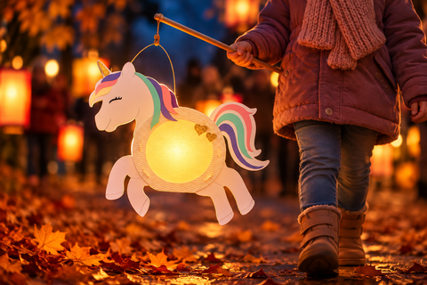 Leuchtende Einhorn-Laterne mit bunter Mähne und goldenem Horn, die ein Kind beim abendlichen Laternenumzug am Laternenstab trägt.