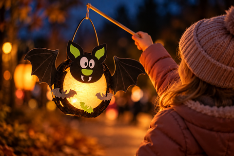 Fledermaus-Laterne zum Basteln für Kinder leuchtet bei Nacht mit warmem Licht beim Laternenumzug.