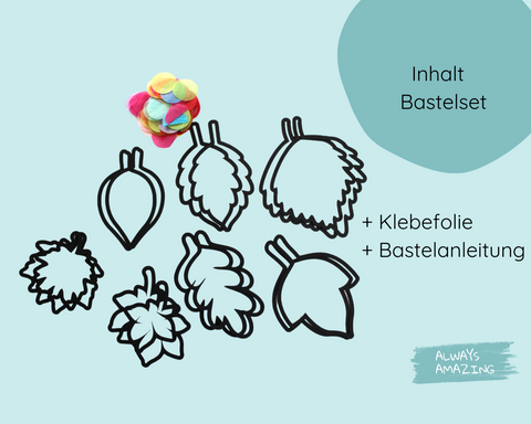 Herbstblätter Bastelset mit vorgestanzten Blättern aus Tonkarton und buntem Transparentpapier-Konfetti.
