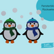 Rückseite des Pinguin-Fensterbild-Bastelsets mit zwei winterlichen Pinguinen in grünen und blauen Mützen und Schals, umgeben von Schneeflocken auf hellblauem Hintergrund.