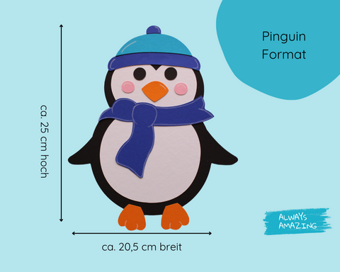 Größenangabe des blauen Pinguin-Fensterbilds aus Tonkarton mit ca. 20,5 cm Breite und 25 cm Höhe.