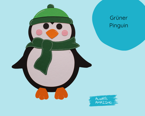 Grüner Pinguin mit grüner Wintermütze und passendem Schal aus vorgestanztem Tonkarton, als winterliches Fensterbild zum Basteln.