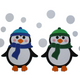 Zwei niedliche Pinguine mit blauen und grünen Mützen und Schals aus vorgestanztem Tonkarton als winterliches Fensterbild zum Basteln.