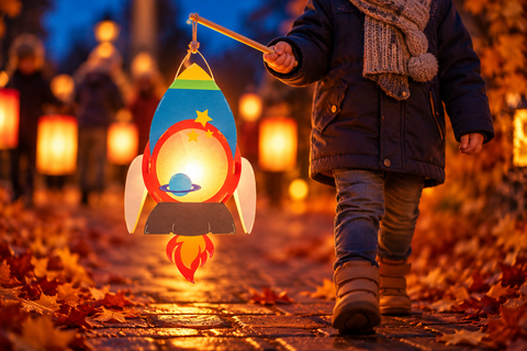 Leuchtende Raketen-Laterne mit bunten Sternen und Planetenmotiv, die ein Kind beim herbstlichen Laternenumzug am Holzstab trägt.