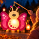 Leuchtende Schmetterling-Laterne mit pinken Flügeln, die ein Kind bei einem herbstlichen Laternenumzug am Holzstab trägt.