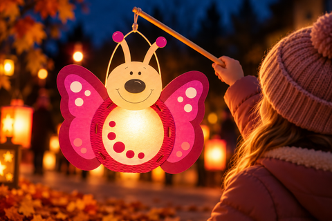 Leuchtende Schmetterling-Laterne mit pinken Flügeln, die ein Kind bei einem herbstlichen Laternenumzug am Holzstab trägt.